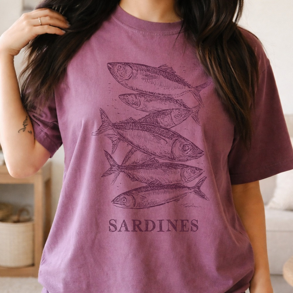 Sardines Hand-Drawn Graphic Tee Bay Blue Nautical Art